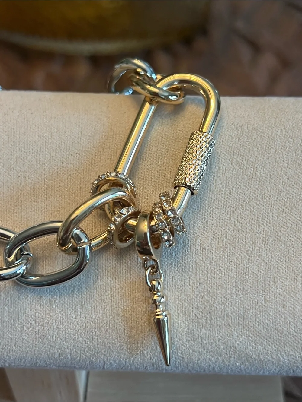 New Silver Link Chain Bracelet with Spike Charm - with rhinestone accents